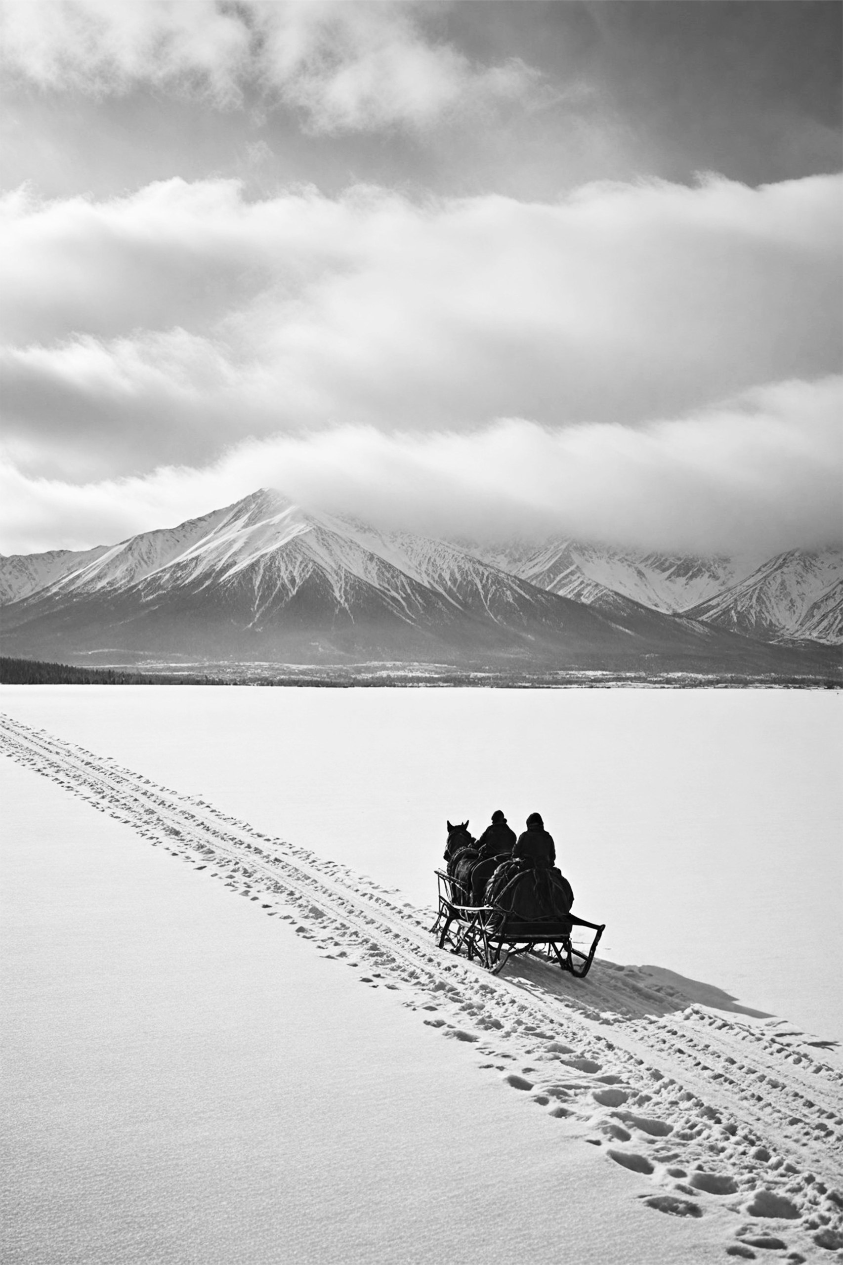Bonaque — Journey Through the Winter Silence, fotografia in bianco e nero di una slitta trainata da un cavallo nella neve, stampa firmata da 65 € adatta come regalo aziendale di Natale