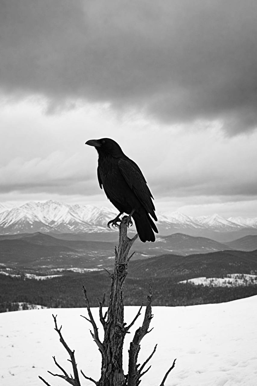 Bonaque — The Watchful Raven, una stampa d'arte fotografica in bianco e nero proposta all'asta