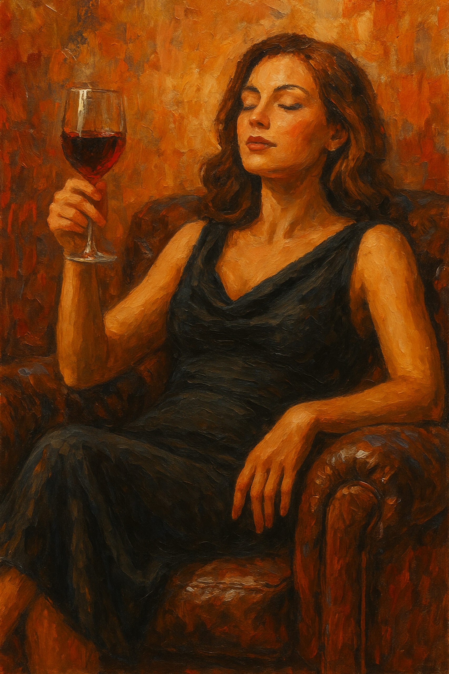 Elena Aureli — A Toast to Solitude, una donna in una poltrona di pelle con un bicchiere di vino rosso, dipinta in toni caldi, una stampa d'arte accogliente
