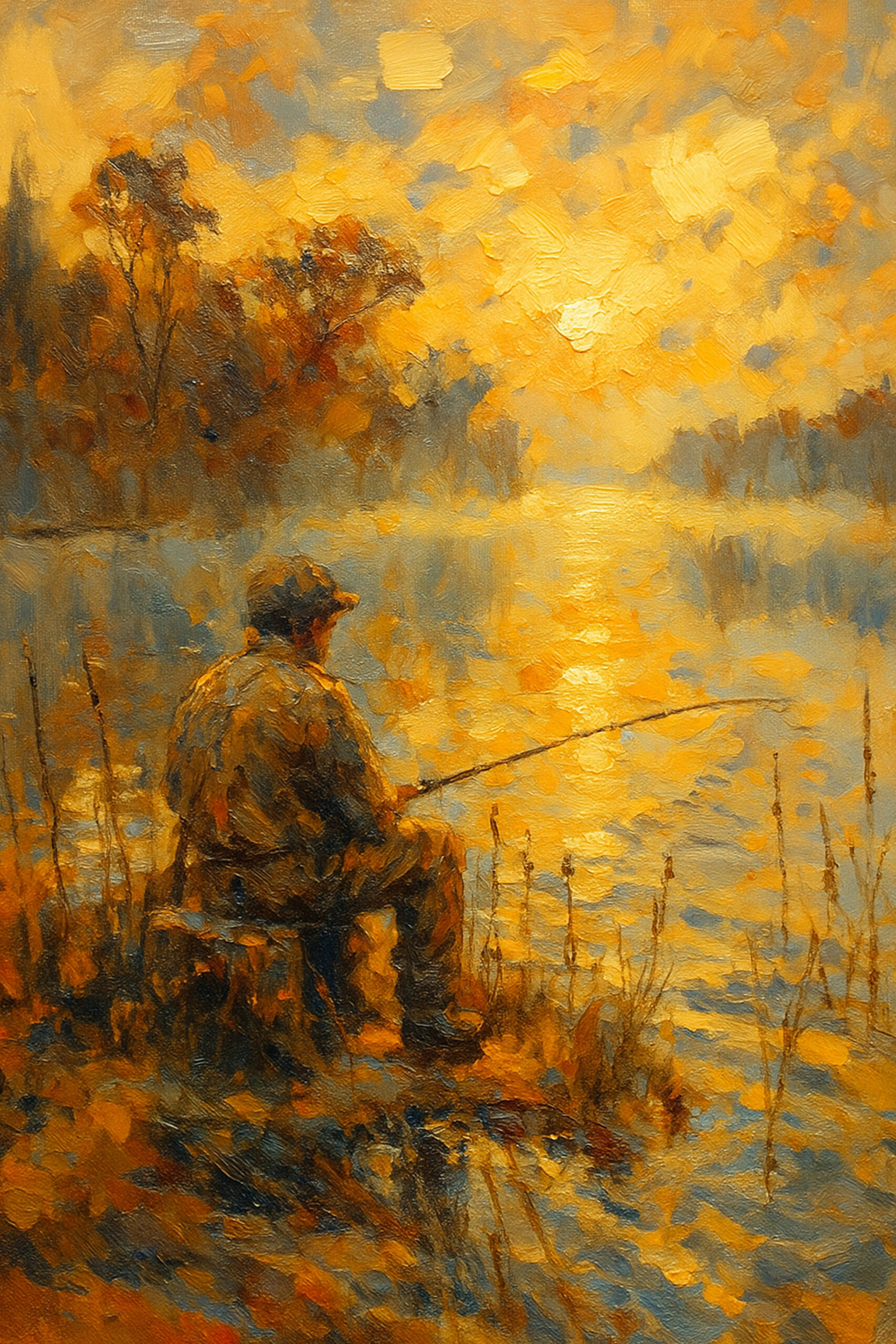 Henri des Bois — Golden Tranquility, un pescatore in riva a un lago al tramonto in oro e ambra, una stampa d'arte firmata che scalda il soggiorno in inverno