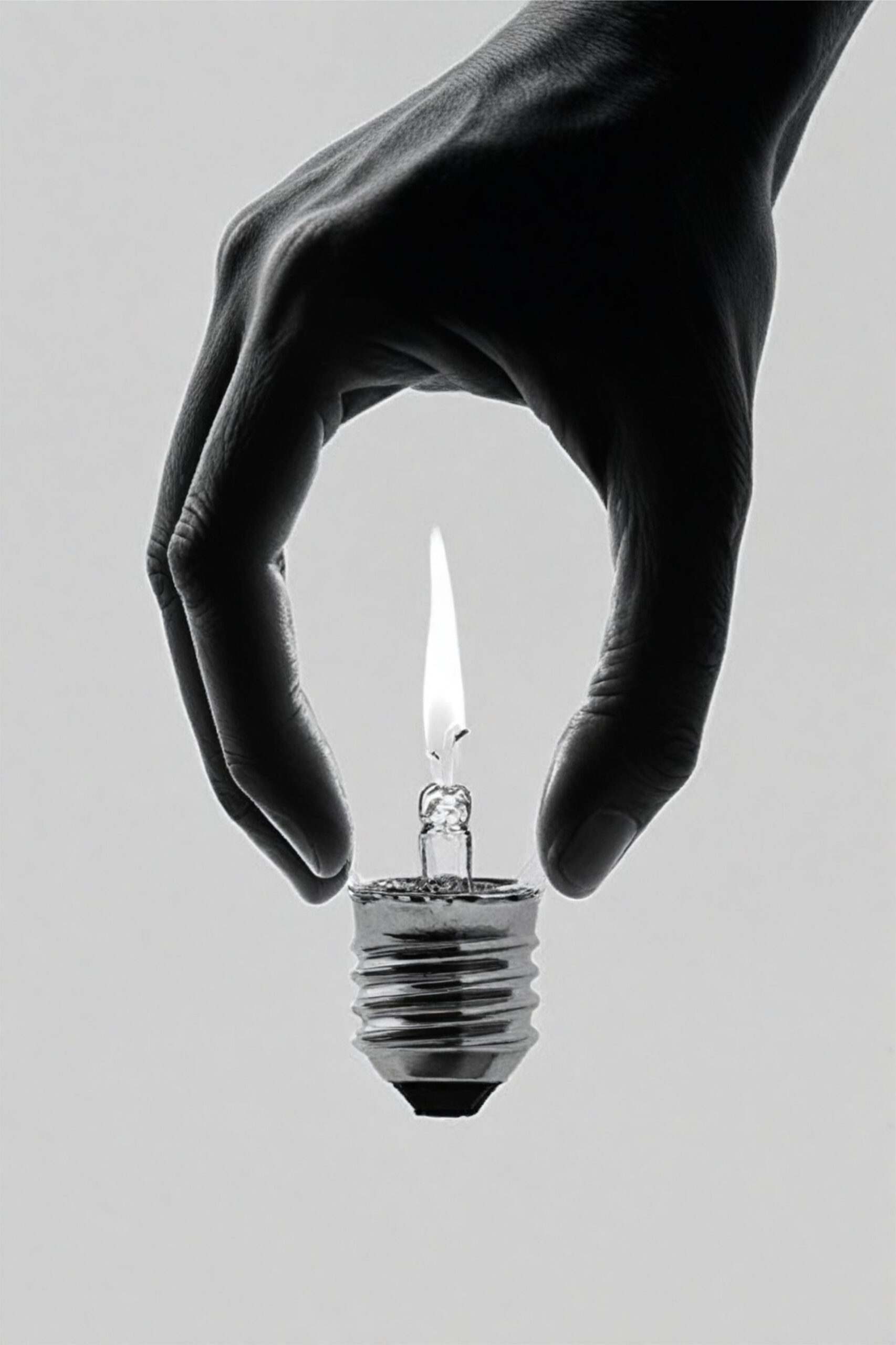 Moroz — Igniting Ideas, fotografia in bianco e nero di una mano che regge una lampadina con una fiamma all'interno, stampa firmata da 95 € come regalo per un cliente