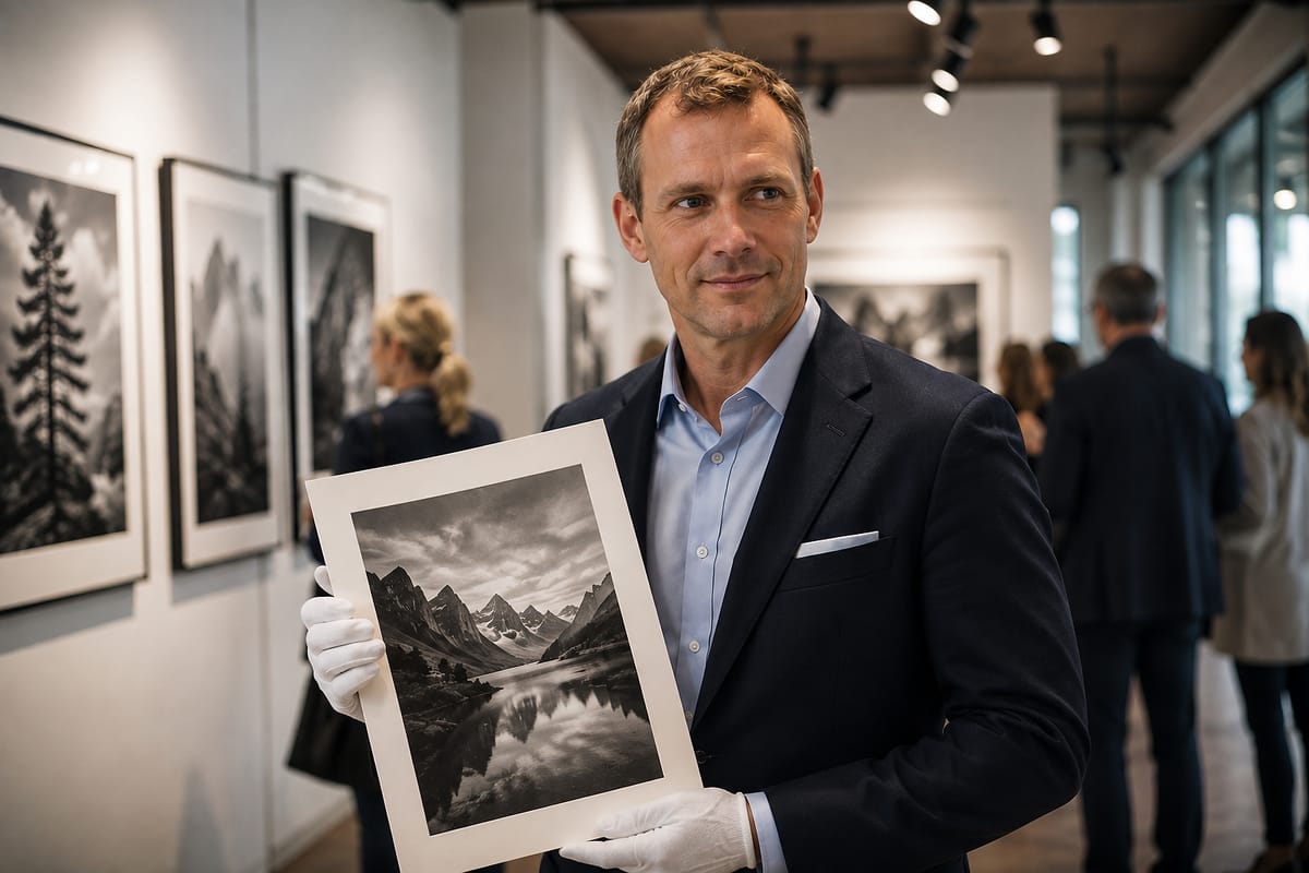 Alexander van der Meer in mano con una stampa firmata con guanti di cotone.
